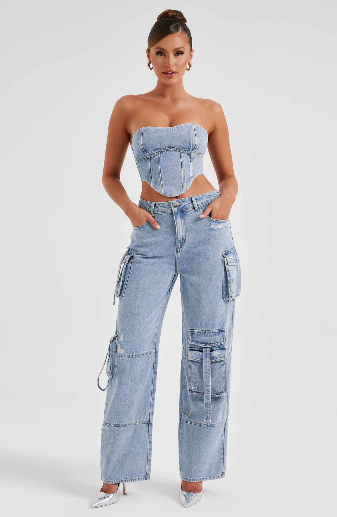 Pantaloni cargo donna in denim blu oversize a vita alta