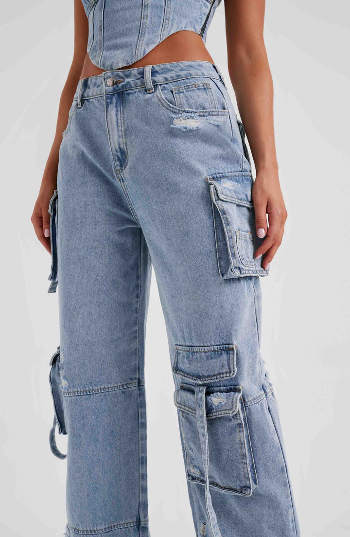 Pantaloni cargo donna in denim blu oversize a vita alta