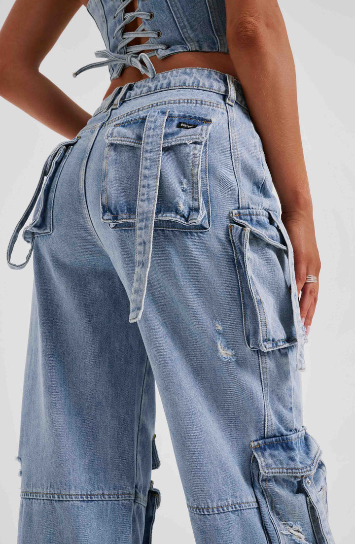 Pantaloni cargo donna in denim blu oversize a vita alta