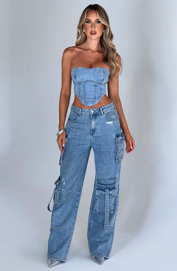 Pantaloni cargo donna in denim blu oversize a vita alta