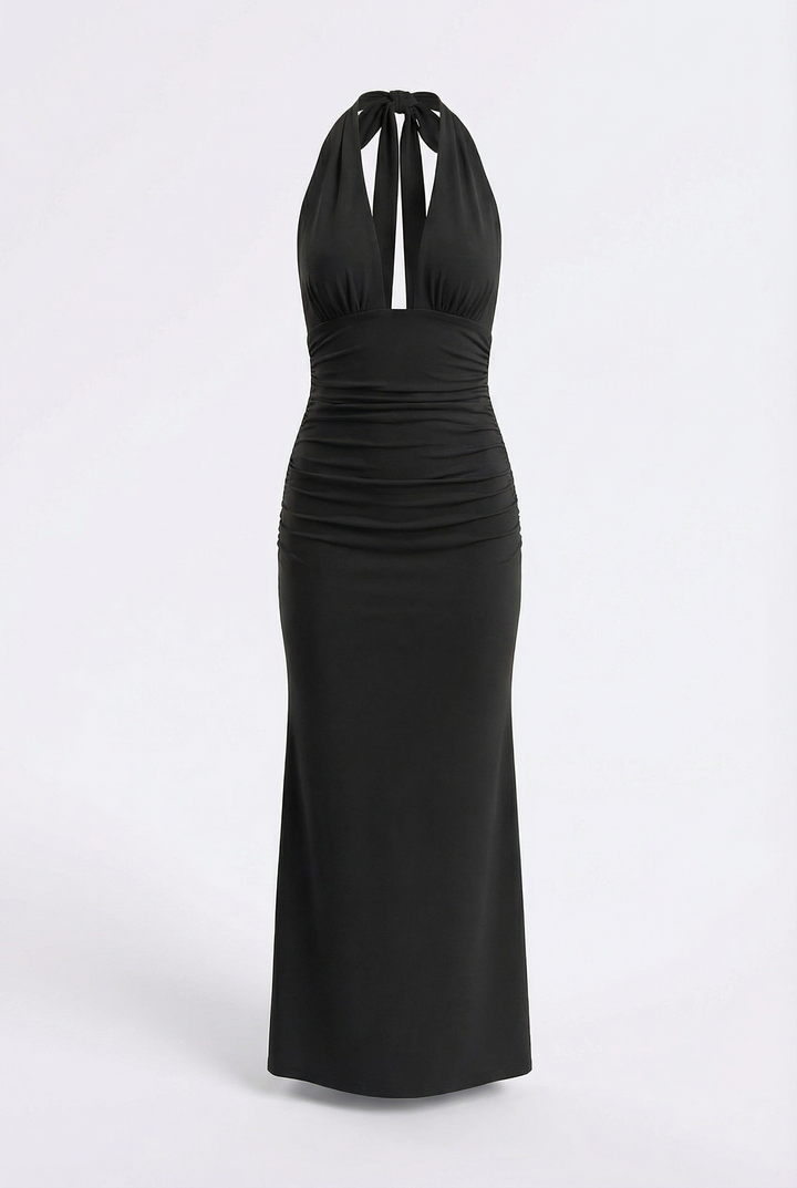 Abito lungo nero elegante donna aderente con schiena scoperta