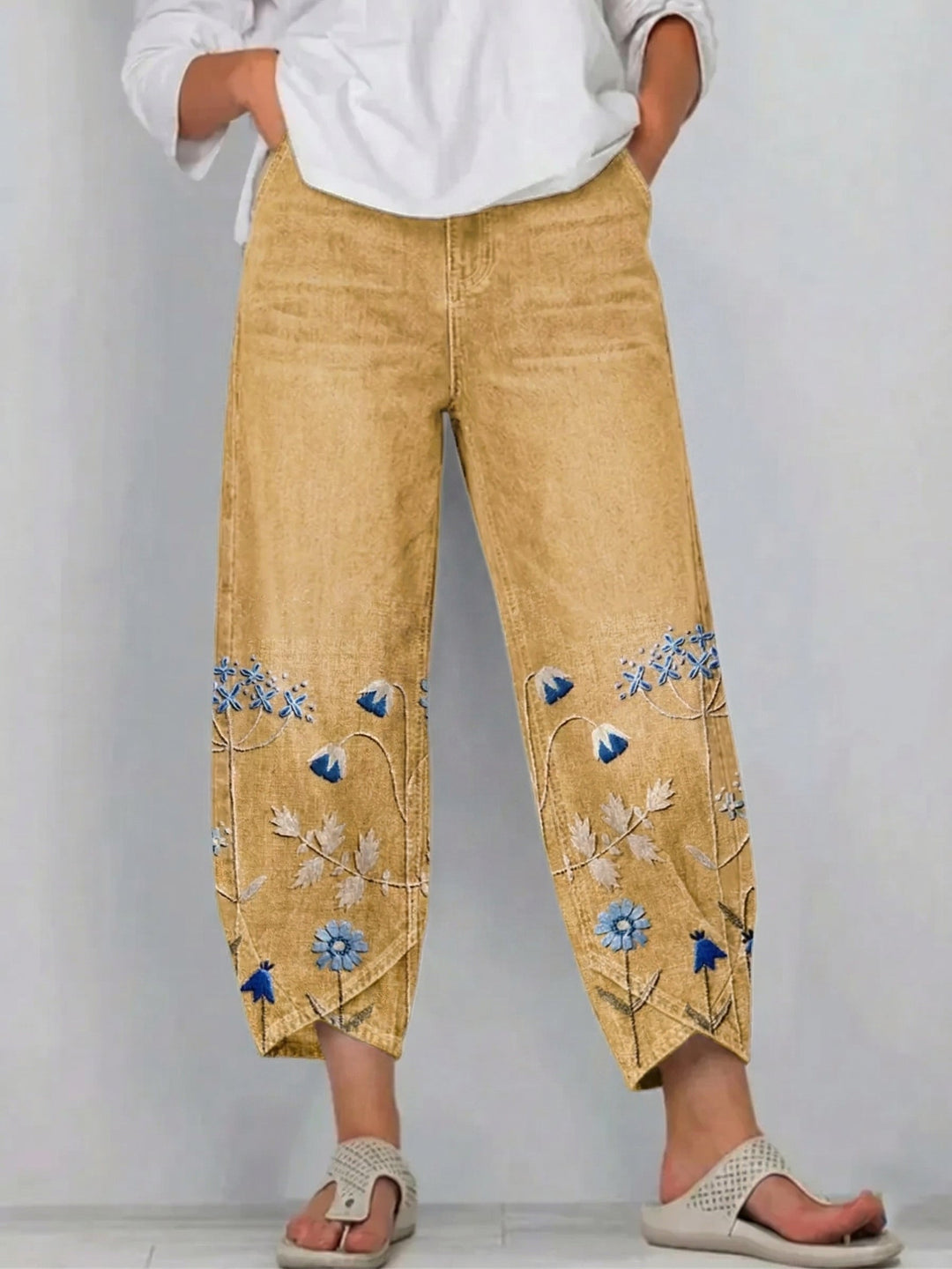 Pantaloni donna ricamati in cotone casual chic