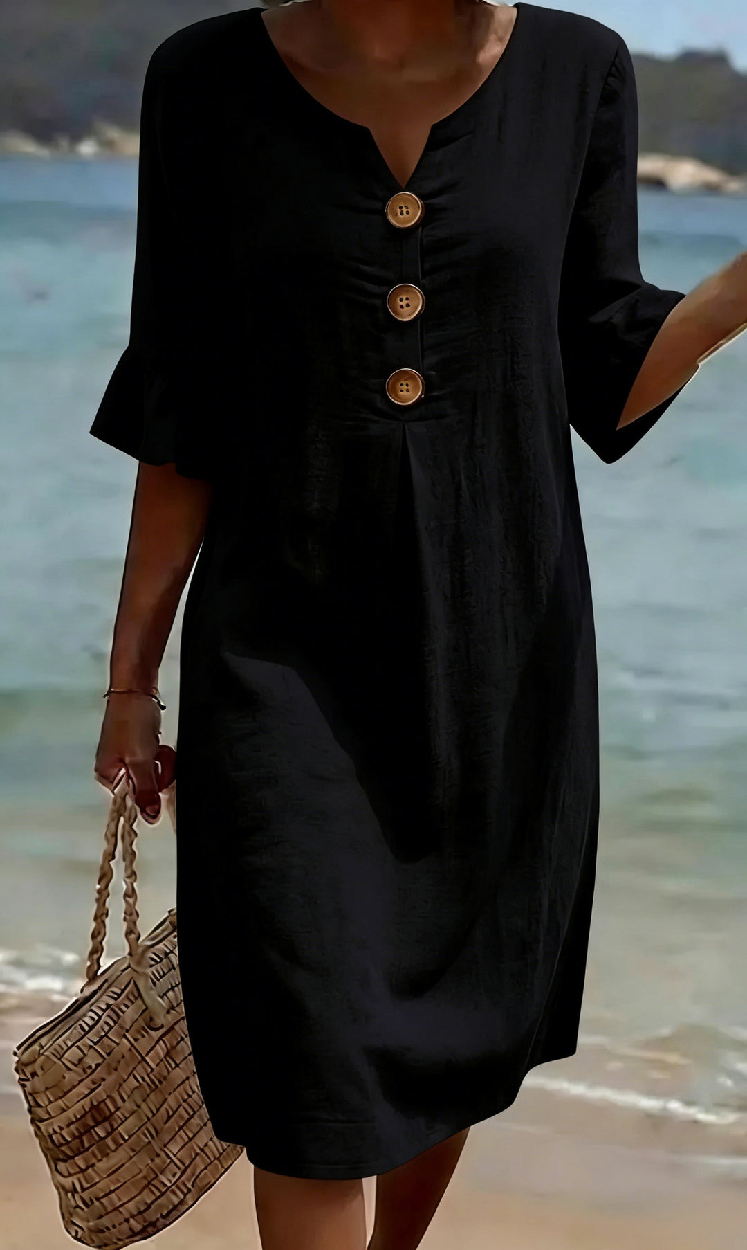 Abito casual in cotone e lino con maniche a sbuffo per donna