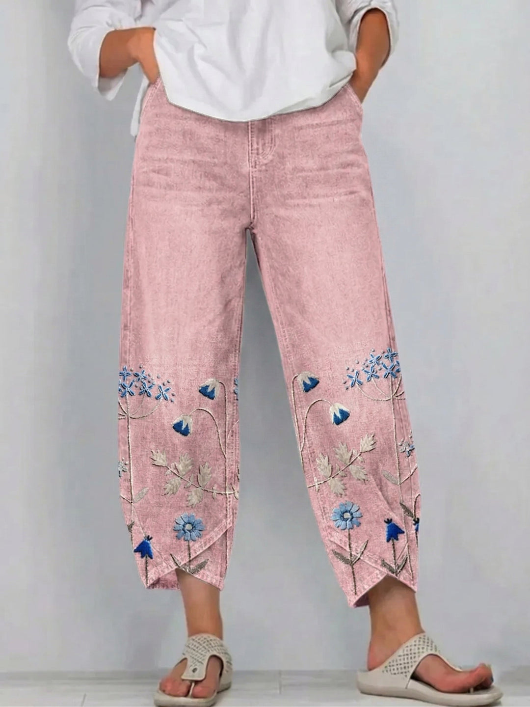 Pantaloni donna ricamati in cotone casual chic