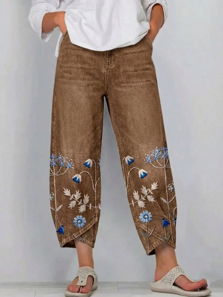 Pantaloni donna ricamati in cotone casual chic