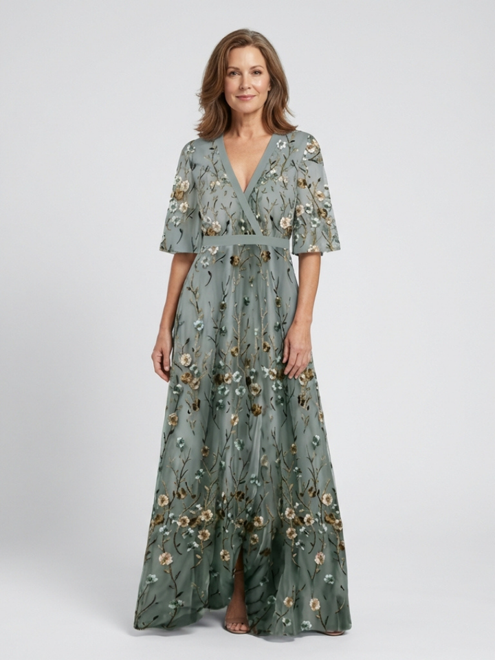 Abito maxi floreale elegante con scollo a V per donna