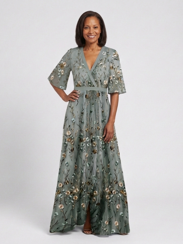Abito maxi floreale elegante con scollo a V per donna