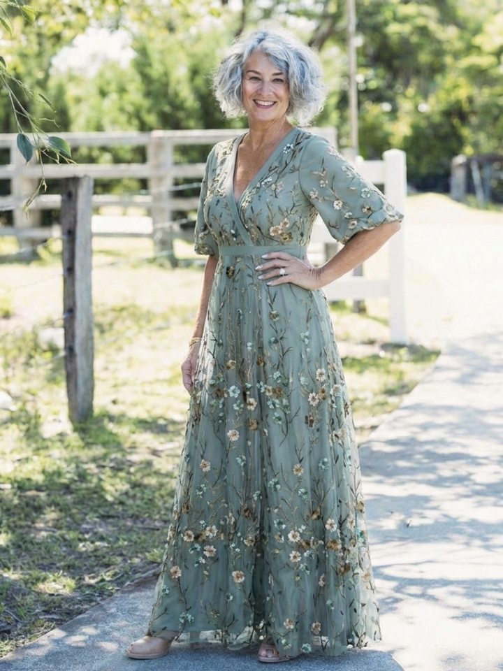 Abito maxi floreale elegante con scollo a V per donna
