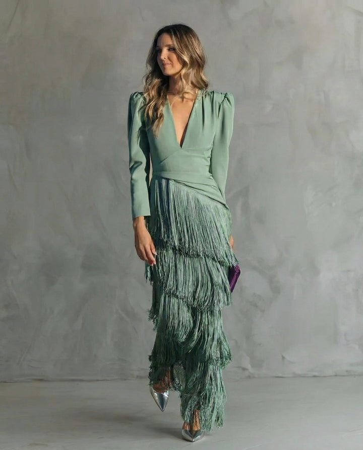 Abito elegante con frange da donna Elsie lungo e raffinato