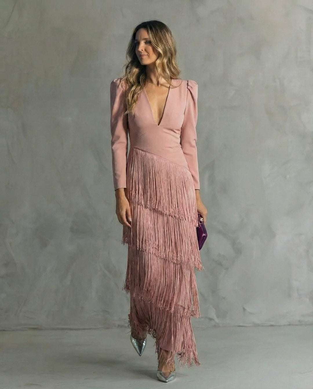 Abito elegante con frange da donna Elsie lungo e raffinato