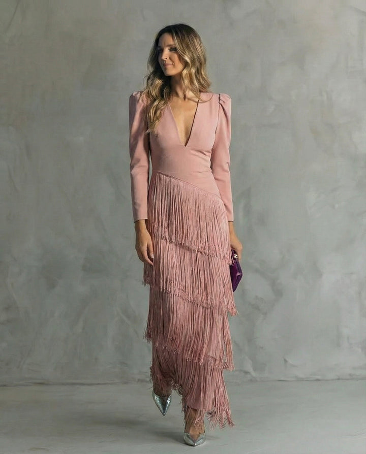 Abito elegante con frange da donna Elsie lungo e raffinato