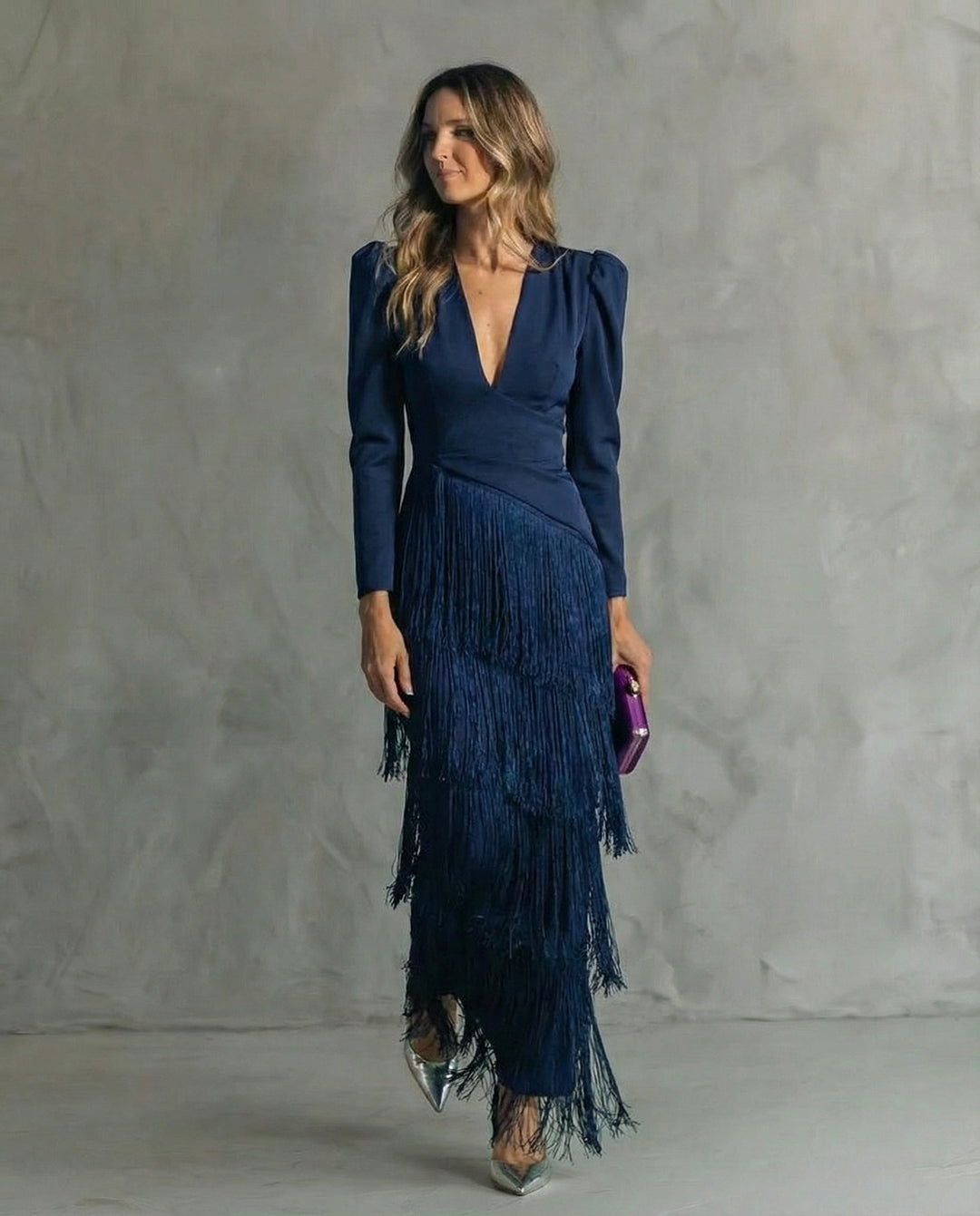 Abito elegante con frange da donna Elsie lungo e raffinato