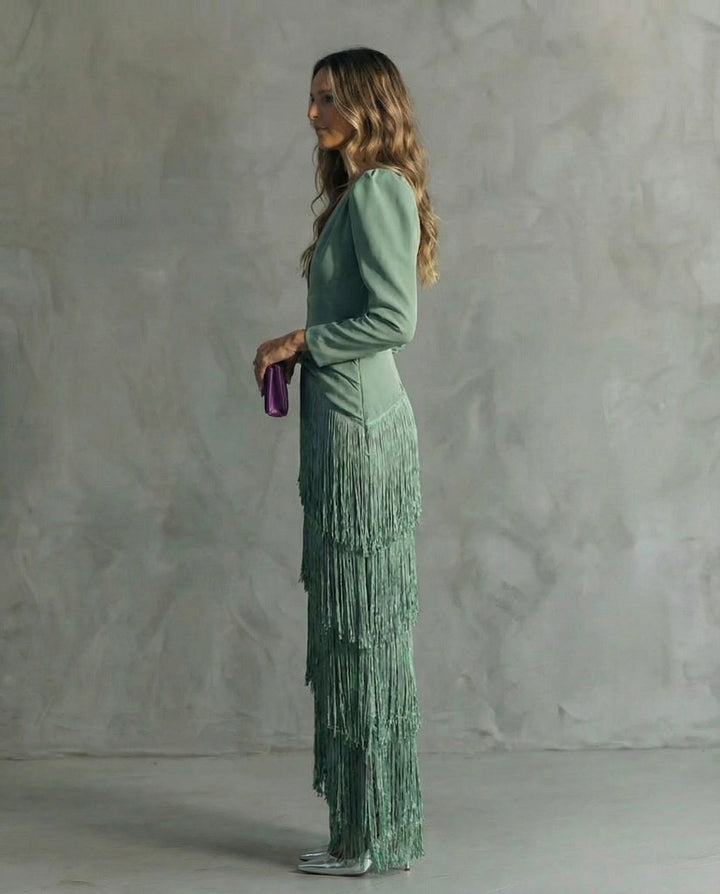 Abito elegante con frange da donna Elsie lungo e raffinato