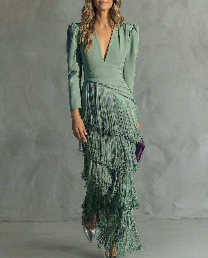 Abito elegante con frange da donna Elsie lungo e raffinato