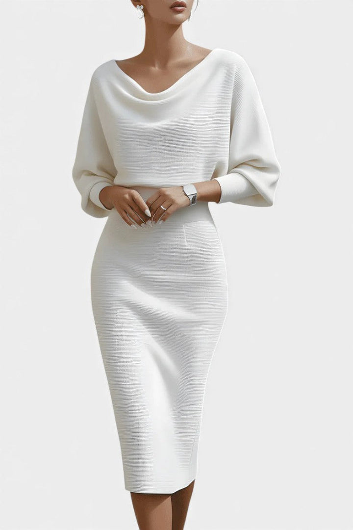 Abito midi elegante con scollo drappeggiato per donna