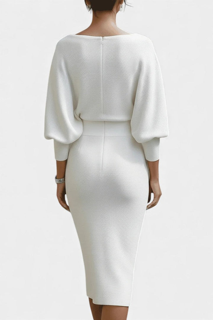 Abito midi elegante con scollo drappeggiato per donna