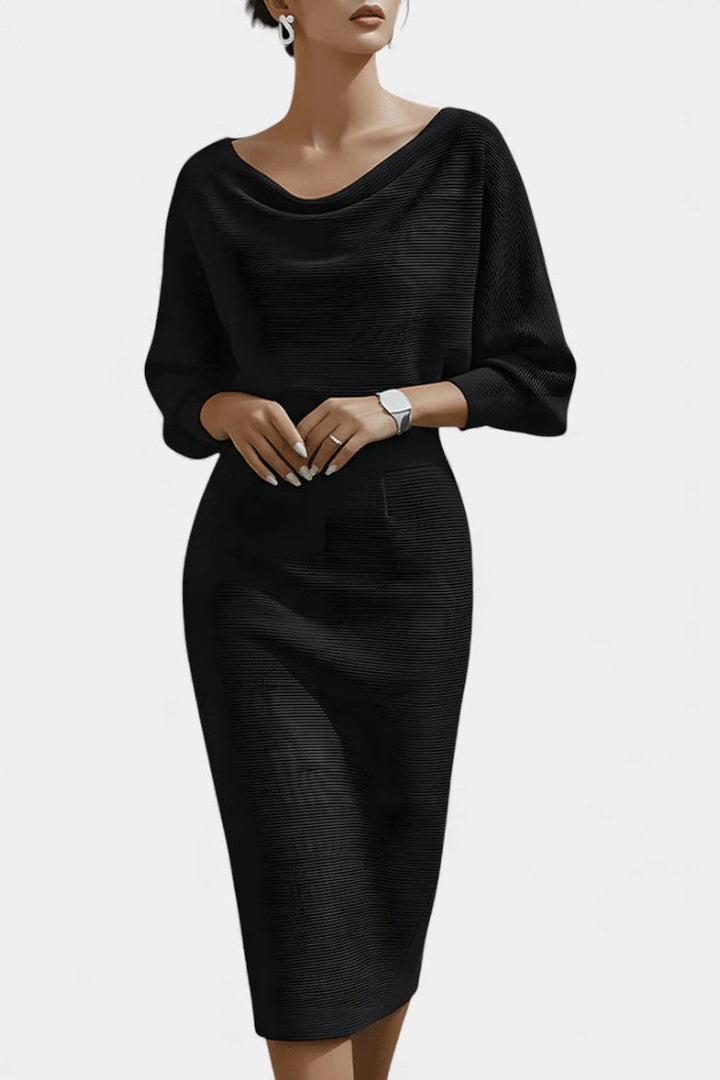 Abito midi elegante con scollo drappeggiato per donna