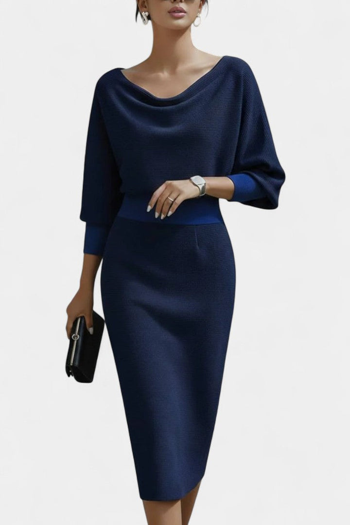Abito midi elegante con scollo drappeggiato per donna