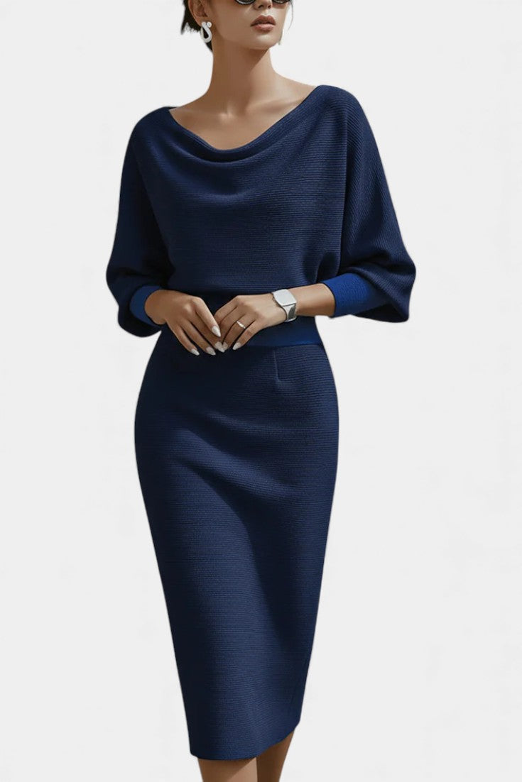 Abito midi elegante con scollo drappeggiato per donna