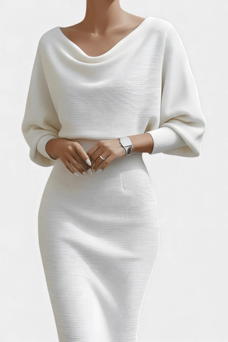 Abito midi elegante con scollo drappeggiato per donna