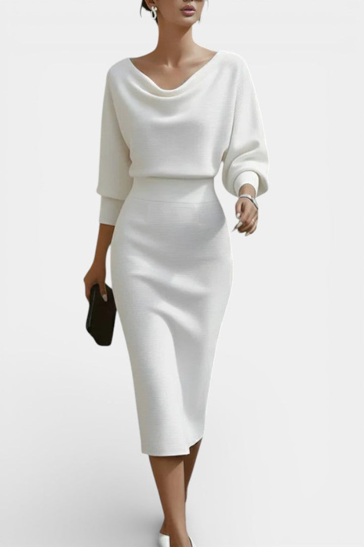 Abito midi elegante con scollo drappeggiato per donna