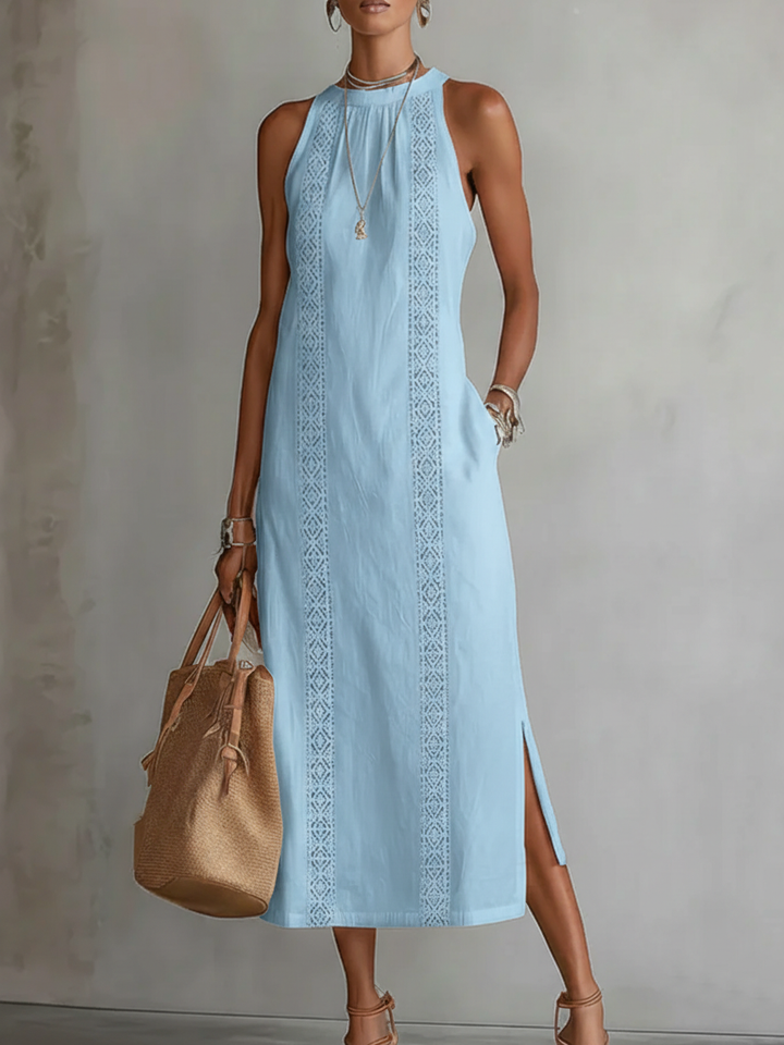 Abito midi in lino elegante e leggero con colletto mao per donna