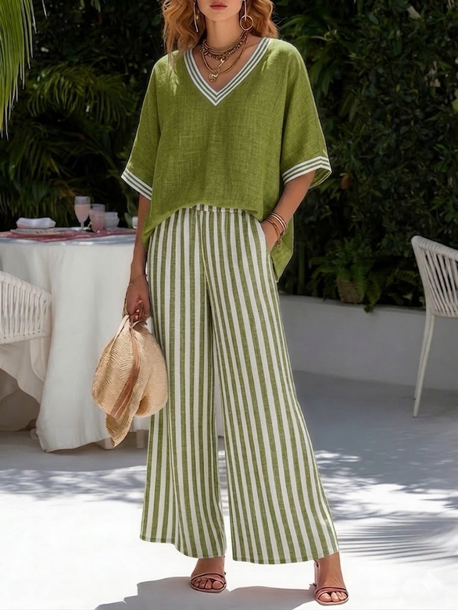 Completo donna lino e cotone a righe casual chic