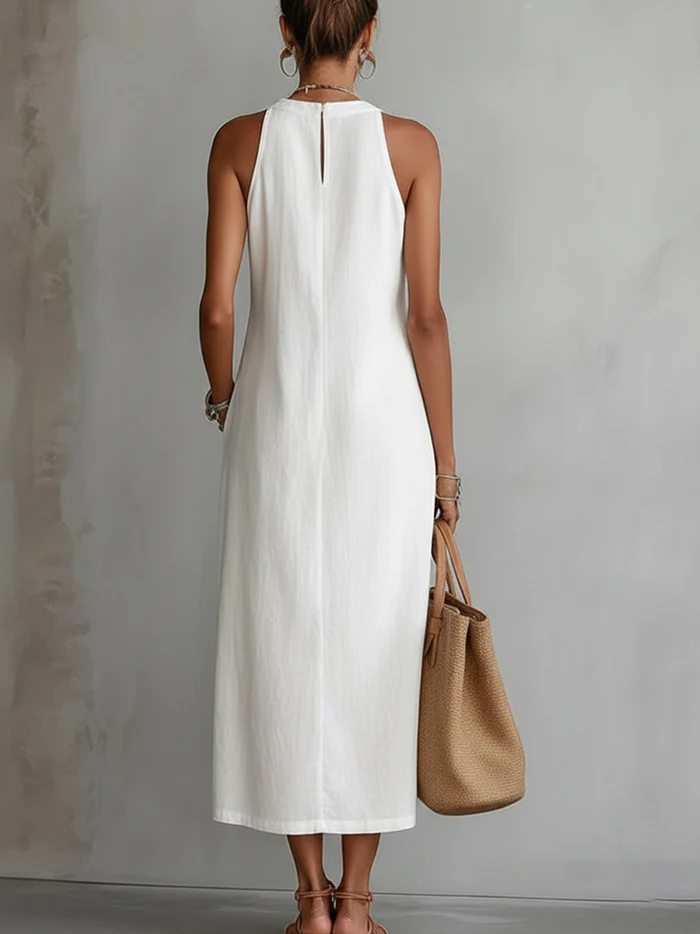 Abito midi in lino elegante e leggero con colletto mao per donna