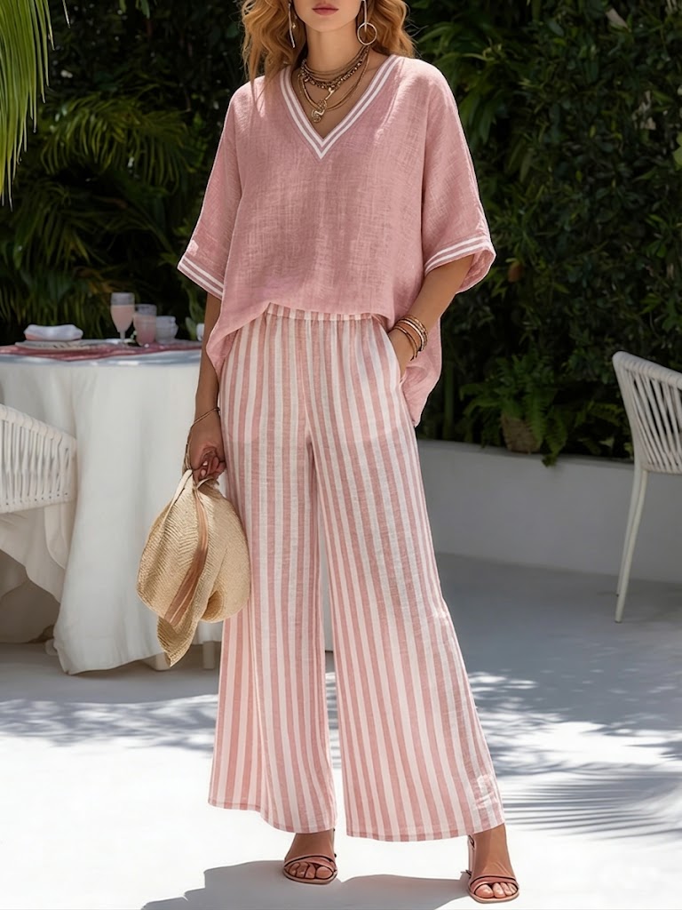 Completo donna lino e cotone a righe casual chic