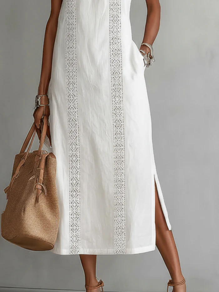 Abito midi in lino elegante e leggero con colletto mao per donna