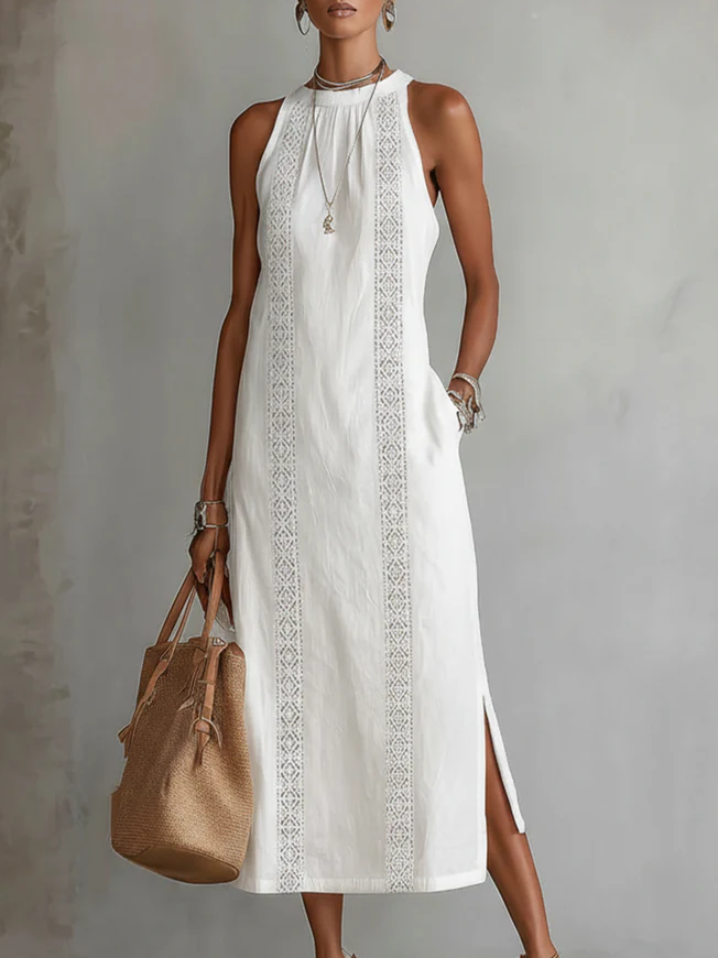 Abito midi in lino elegante e leggero con colletto mao per donna