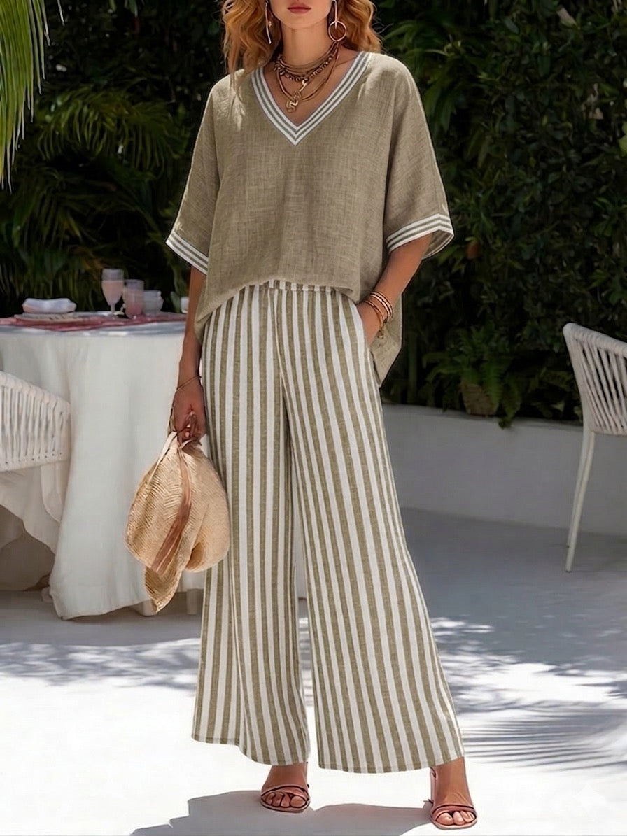 Completo donna lino e cotone a righe casual chic