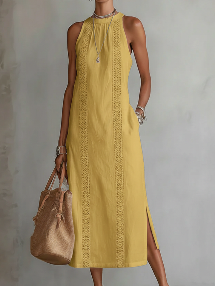 Abito midi in lino elegante e leggero con colletto mao per donna