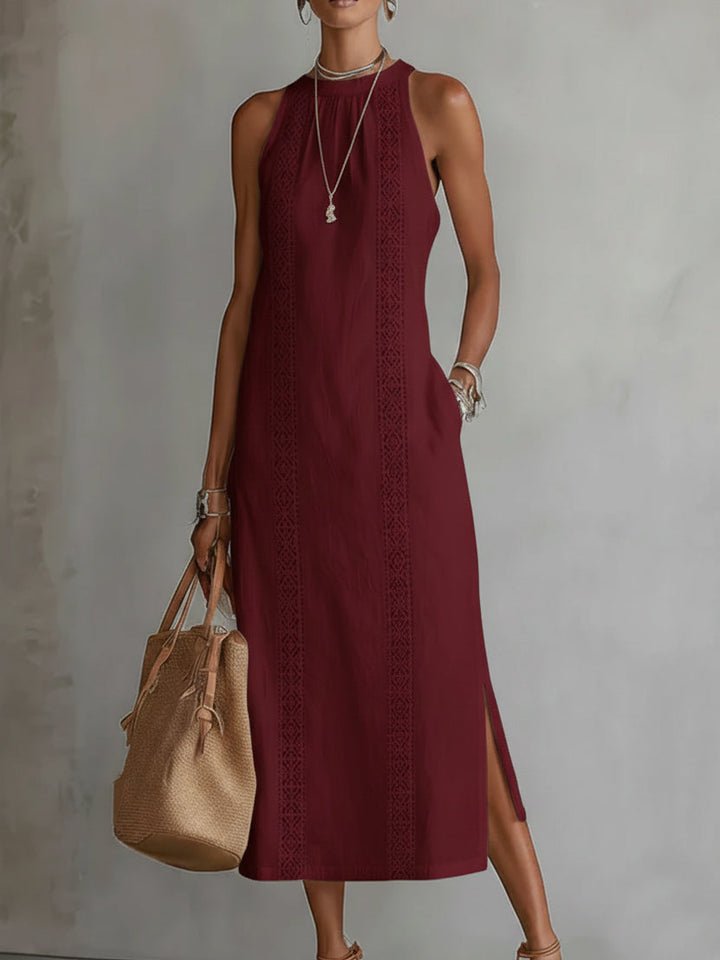 Abito midi in lino elegante e leggero con colletto mao per donna