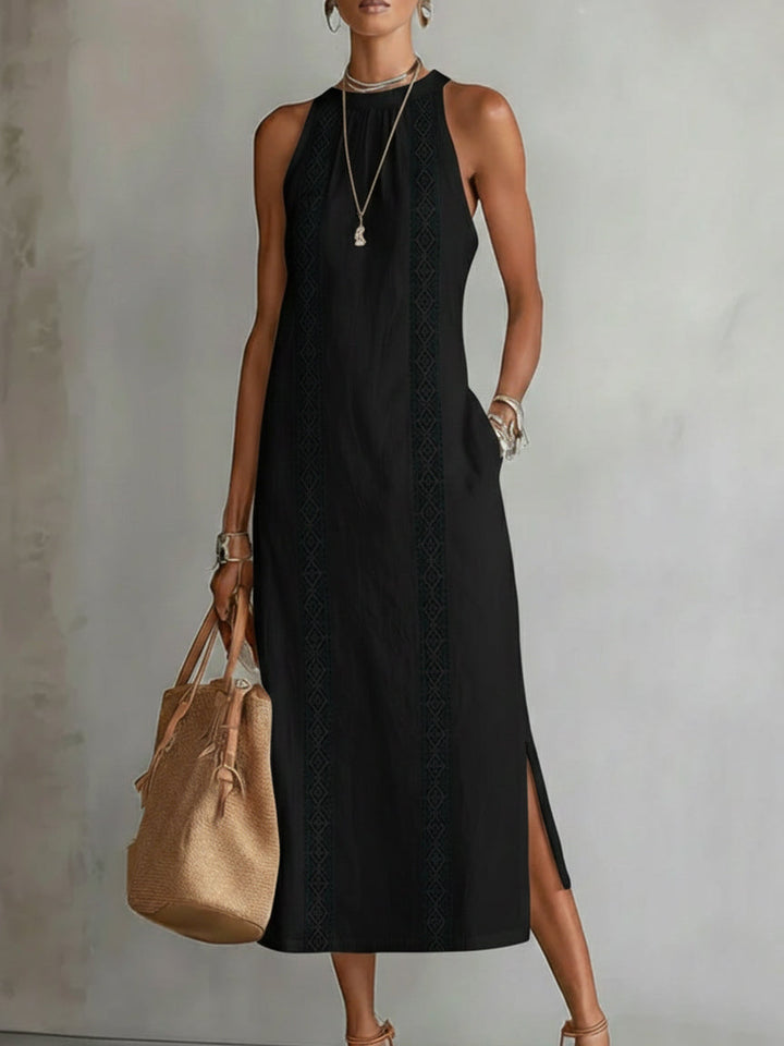 Abito midi in lino elegante e leggero con colletto mao per donna