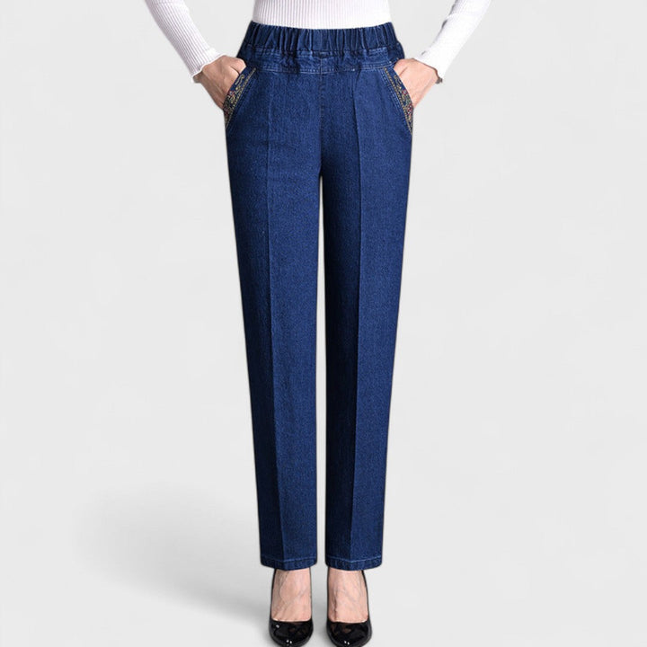 Jeans donna elasticizzati con vita alta e tasche laterali
