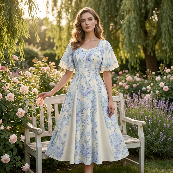 Abito elegante svasato con maniche leggere per donna