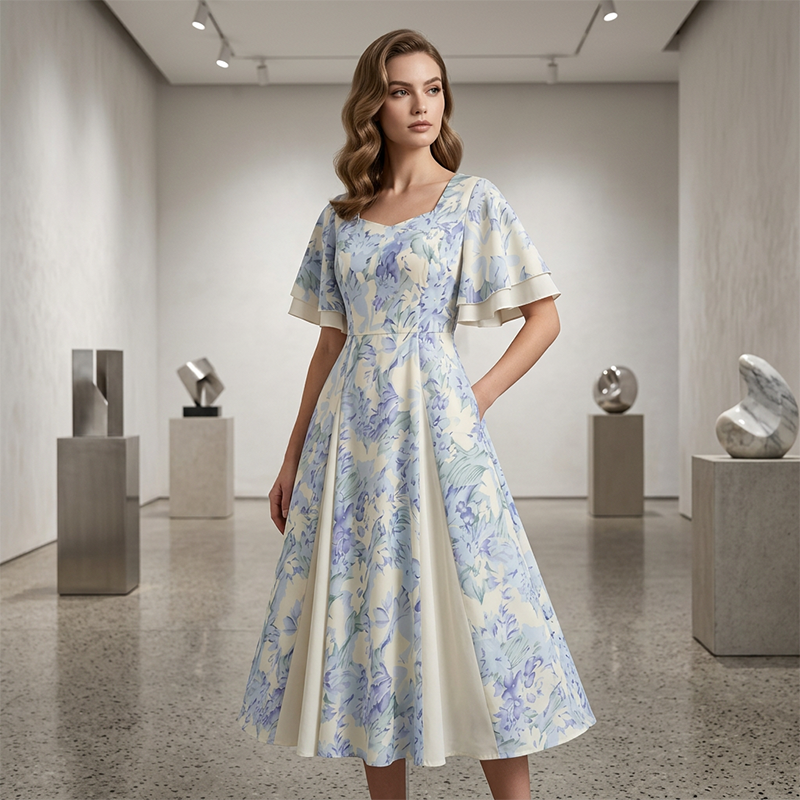 Abito elegante svasato con maniche leggere per donna