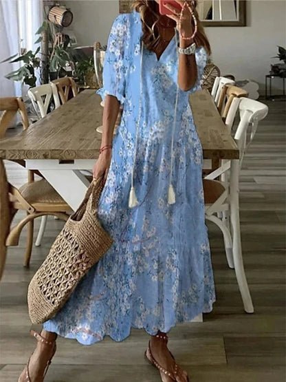 Abito boho elegante fluido con stampa geometrica per donna